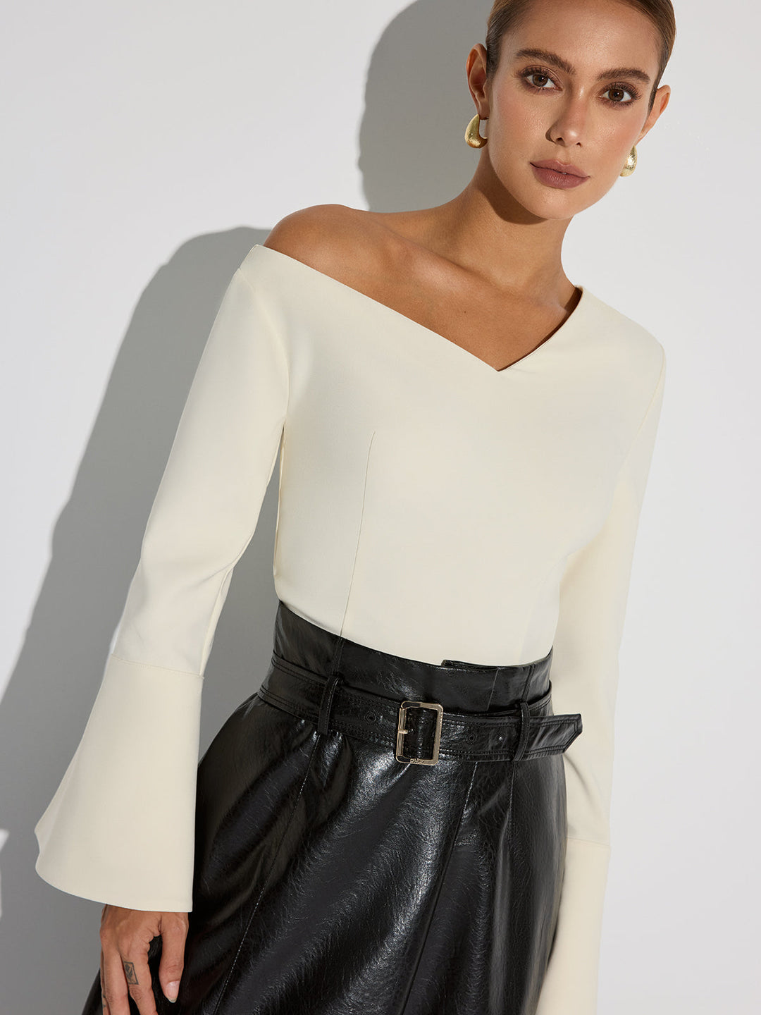 Asymmetric Off-Shoulder Bell-Sleeve Top  Liora Lane Boutique T-Shirts
