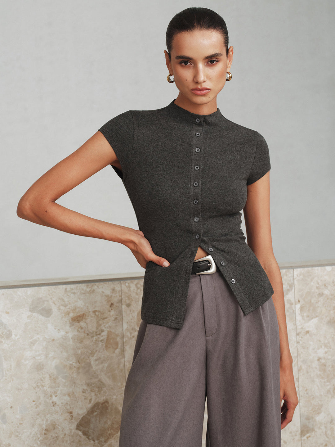 Mock Neck Cap-Sleeve Button T-Shirt  Liora Lane Boutique T-Shirts Grey / XL 25.00