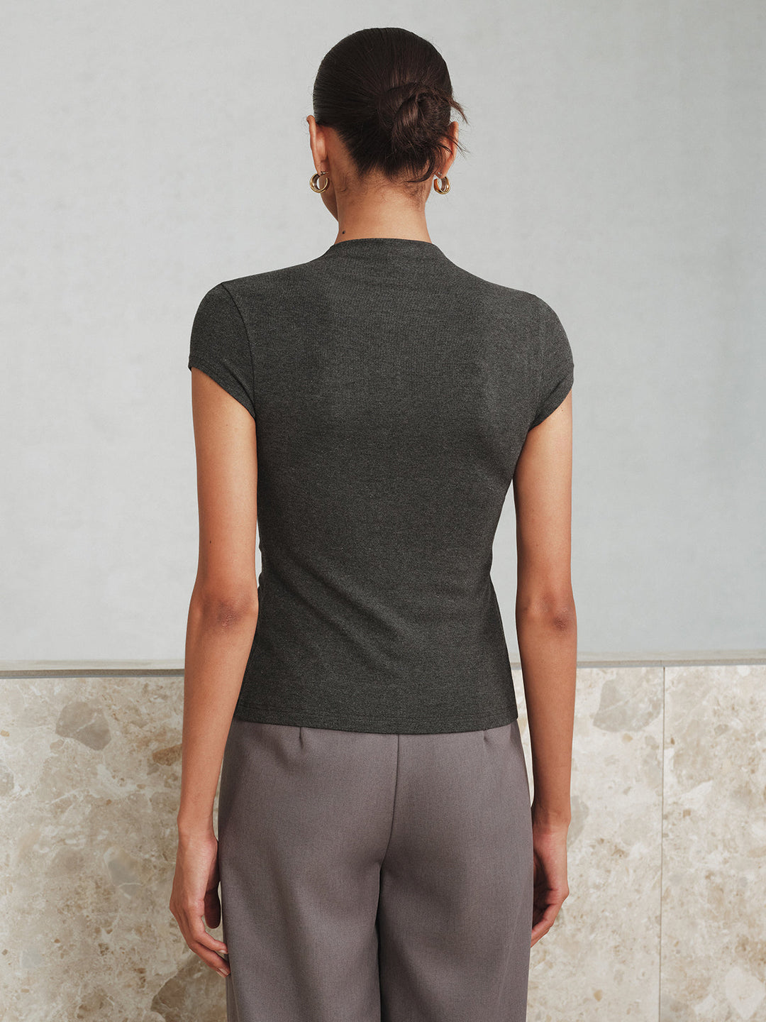 Mock Neck Cap-Sleeve Button T-Shirt  Liora Lane Boutique T-Shirts