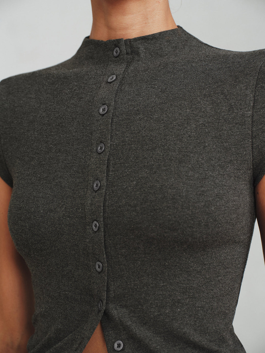 Mock Neck Cap-Sleeve Button T-Shirt  Liora Lane Boutique T-Shirts