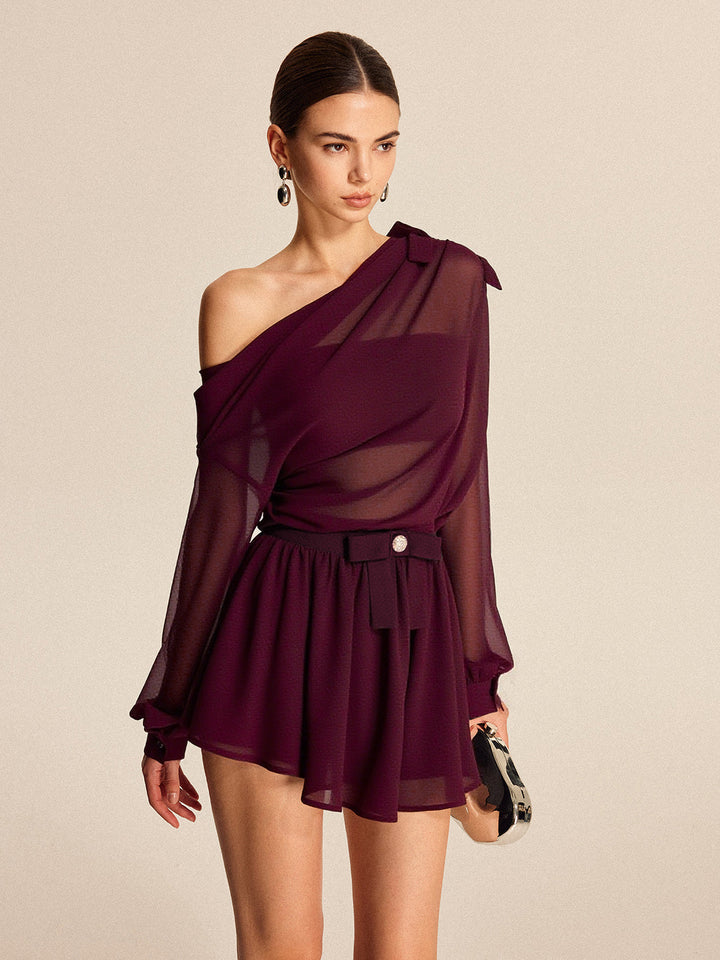 Semi-Sheer Chiffon One-Shoulder Bow Detail Skirt Set  Liora Lane Boutique Skirt Sets Burgundy / XL 56.00