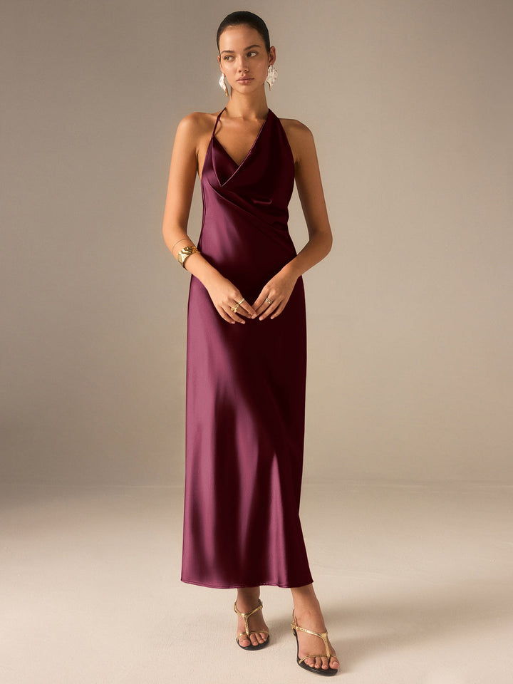 Satin Halter-Neck Backless Maxi Dress  Liora Lane Boutique Dresses Burgundy / XL 42.00