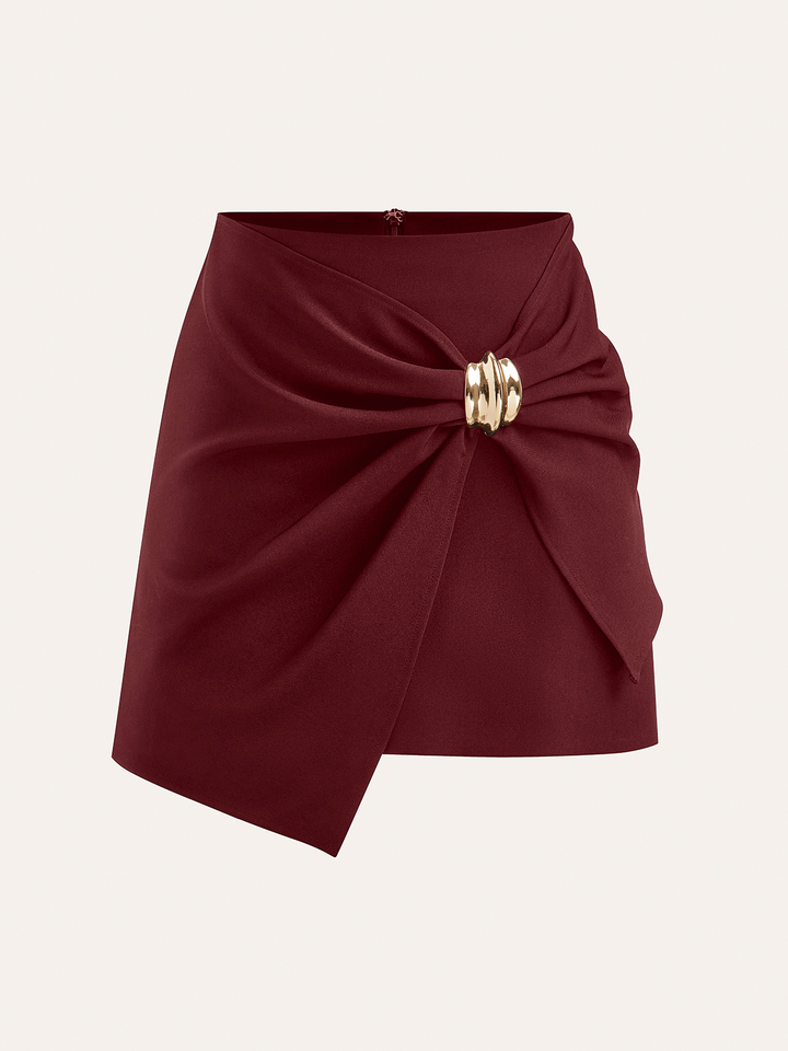 Asymmetric Ruched Wrap Mini Skirt with Metal Buckle  Liora Lane Boutique Skirts Burgundy / XL 32.00