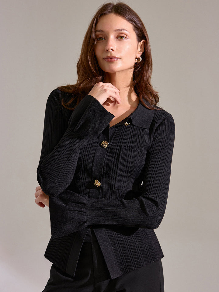 Bell Sleeve Ribbed Knit Polo Top  Liora Lane Boutique Knit Tops