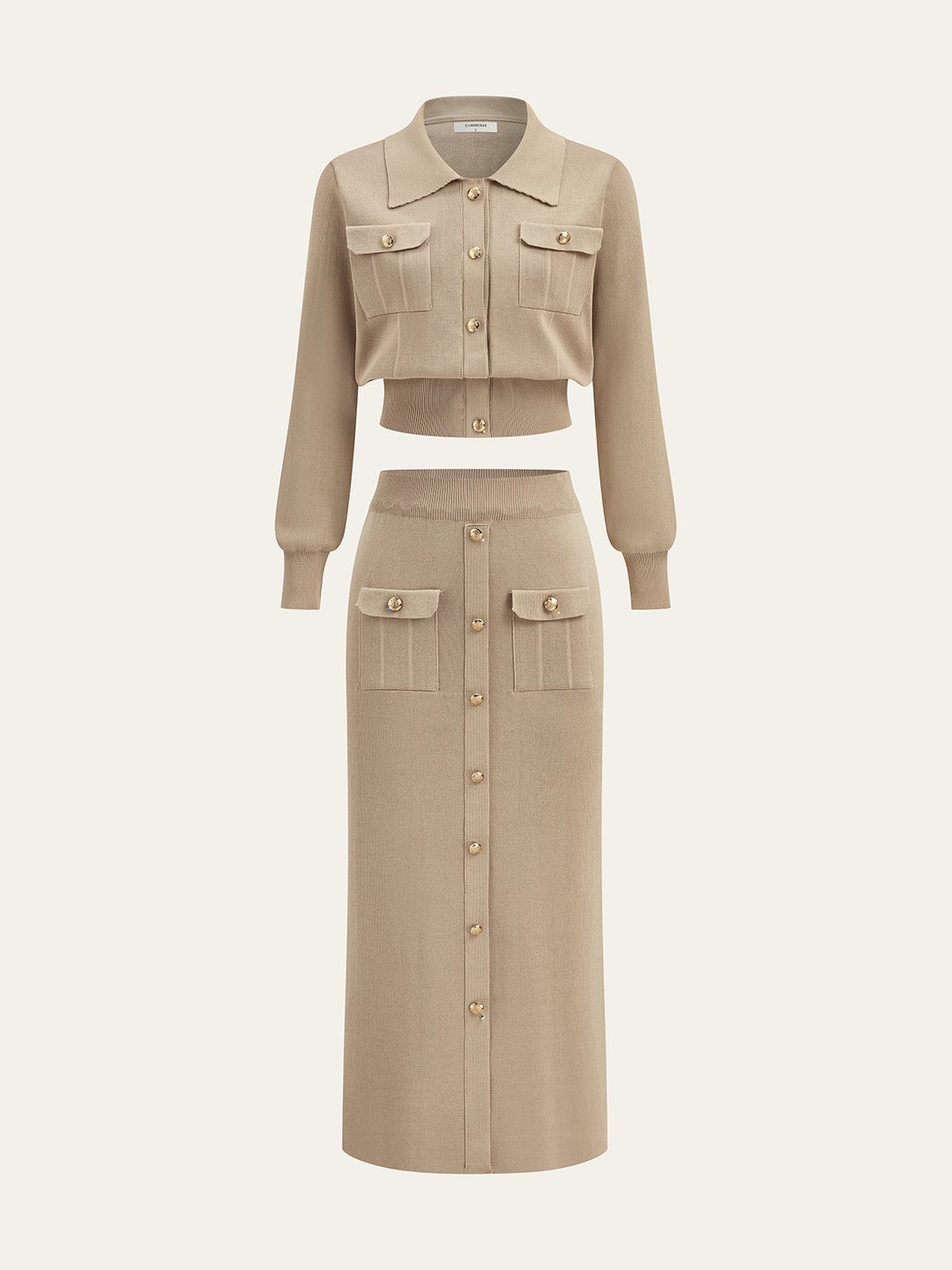 Metal Button Collared Cardigan and Midi Skirt Set  Liora Lane Boutique Sweater Co-ords