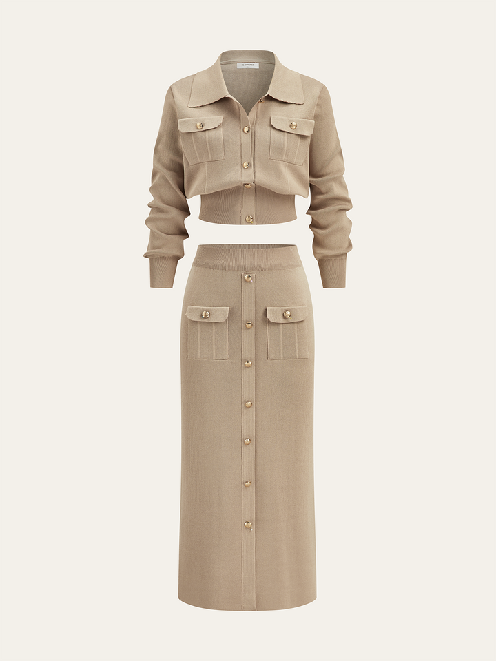 Metal Button Collared Cardigan and Midi Skirt Set  Liora Lane Boutique Sweater Co-ords Khaki / XL 88.00
