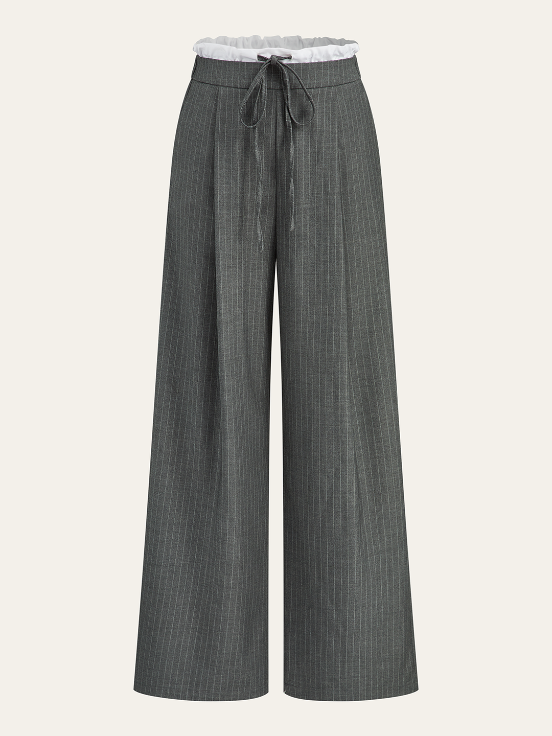 Contrast Ruffle Waistband Pinstripe Pants  Liora Lane Boutique Pants Grey / XL 59.00