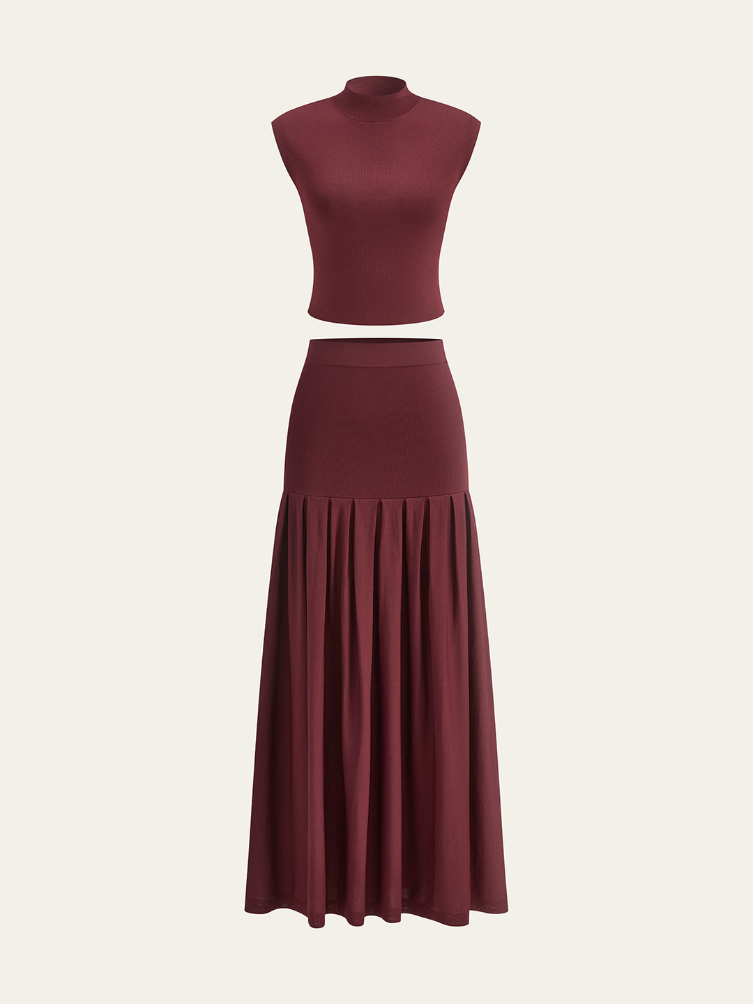 Mock Neck Sleeveless Top and Pleated Midi Skirt Set  Liora Lane Boutique Skirt Sets Burgundy / XL 94.00