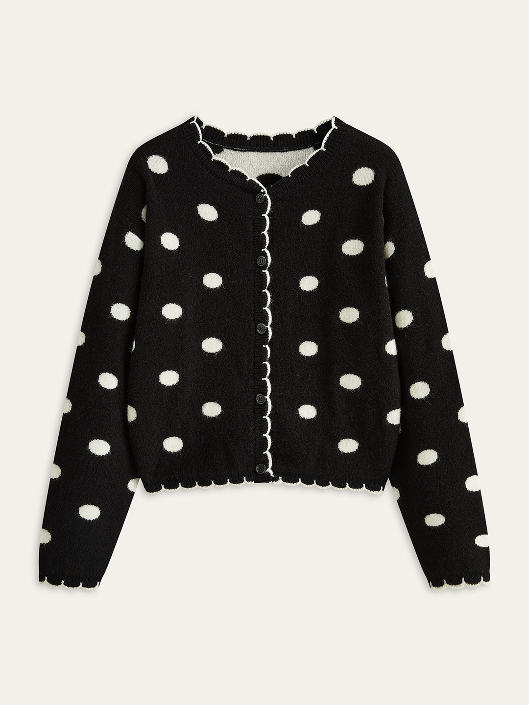Scalloped Trim Polka Dot Knit Cardigan  Liora Lane Boutique Cardigans Black / XL 48.00