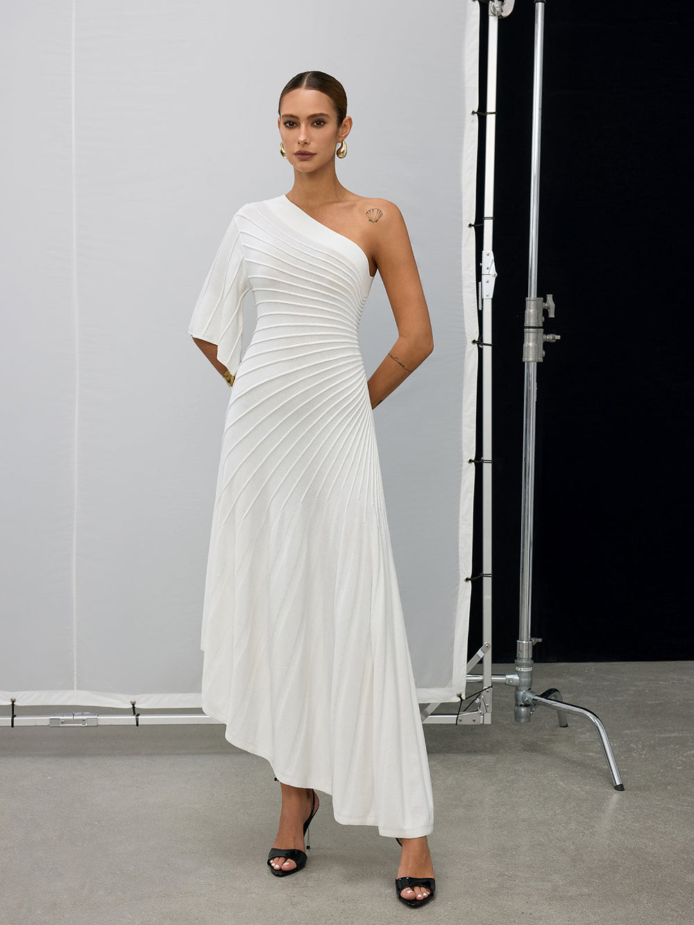 Asymmetric One-Shoulder Textured Sweater Dress  Liora Lane Boutique Sweater Dresses
