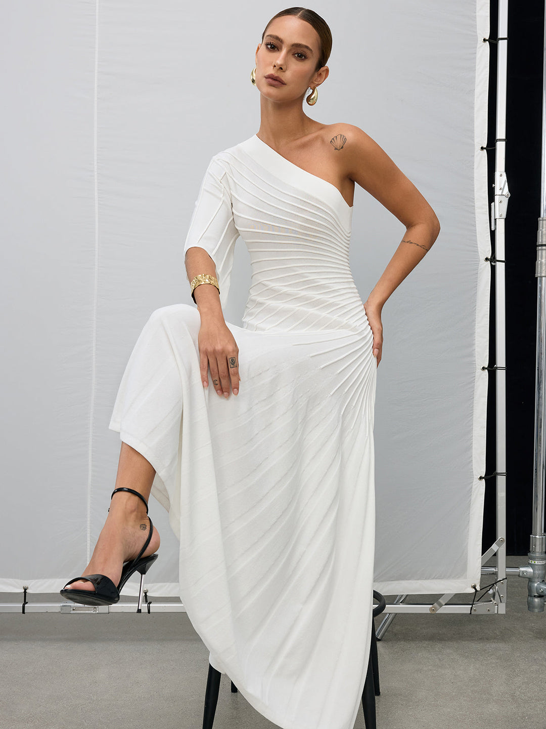 Asymmetric One-Shoulder Textured Sweater Dress  Liora Lane Boutique Sweater Dresses