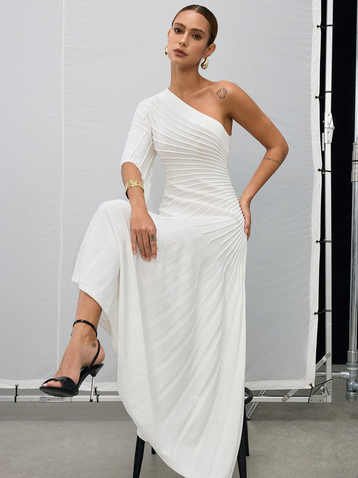 Asymmetric One-Shoulder Textured Sweater Dress  Liora Lane Boutique Sweater Dresses