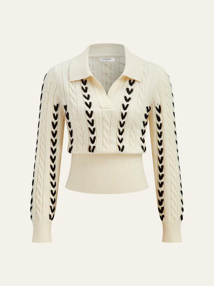 Contrast Stitched Cable Knit Polo Sweater  Liora Lane Boutique Knit Tops Off-White / XL 62.00