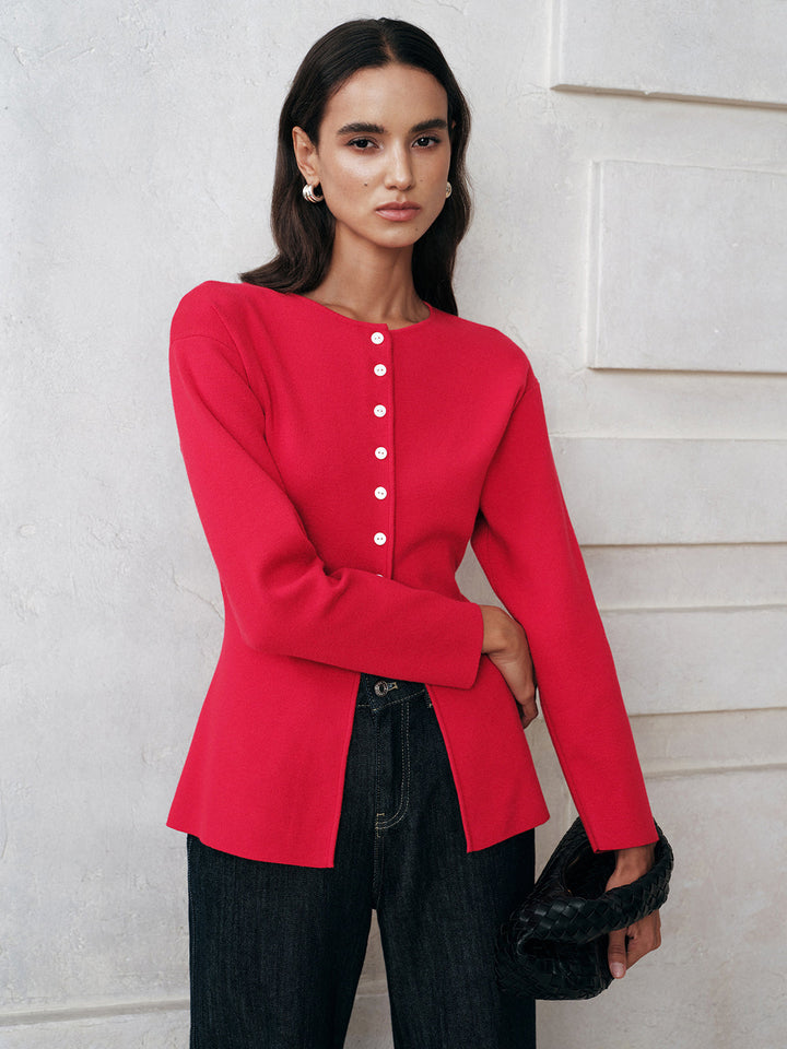 Button-Front Long Sleeve Knit Top  Liora Lane Boutique Knit Tops Red / XL 48.00