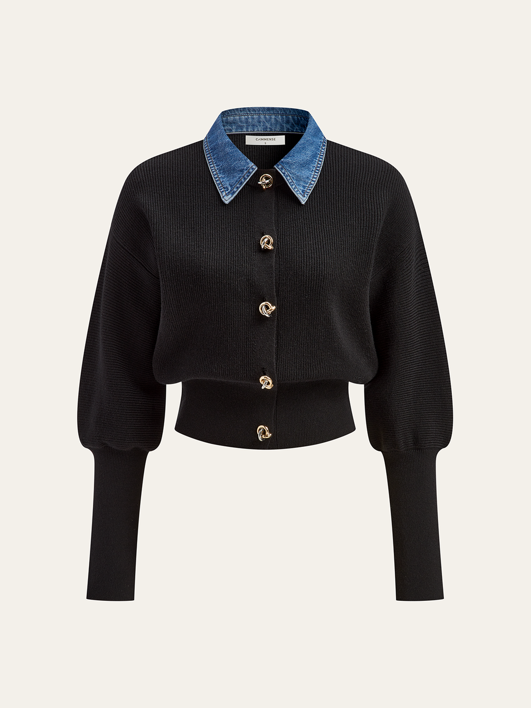 Wool Blend Denim Collar Puff Sleeve Cardigan  Liora Lane Boutique Cardigans Black / XL 84.99