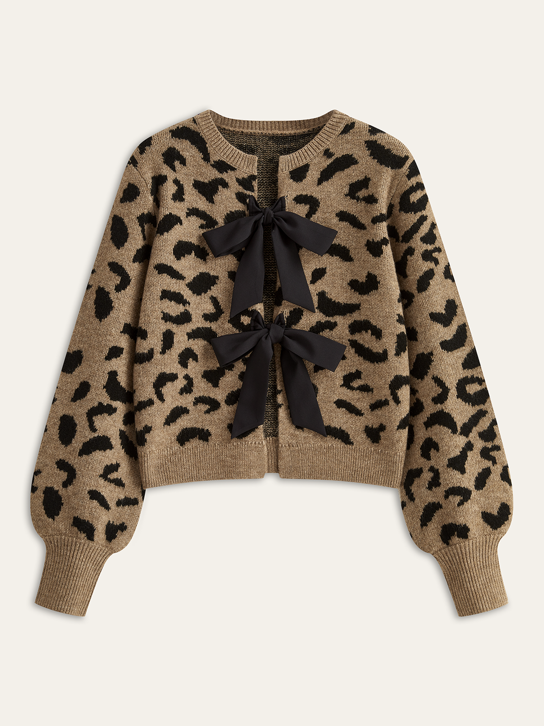 Leopard Bow Tie Knit Top  Liora Lane Boutique Knit Outerwear Khaki / XL 52.00