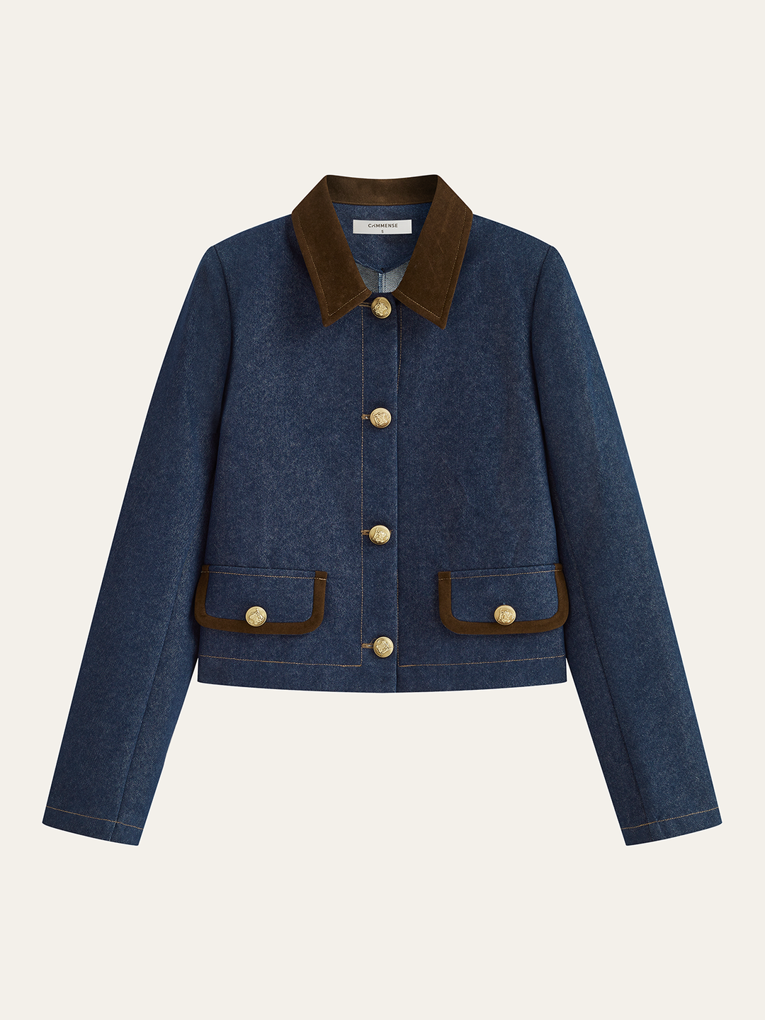 Metal Button Suede Collar Denim Jacket  Liora Lane Boutique Denim Jackets & Coats Navy / XL 54.00