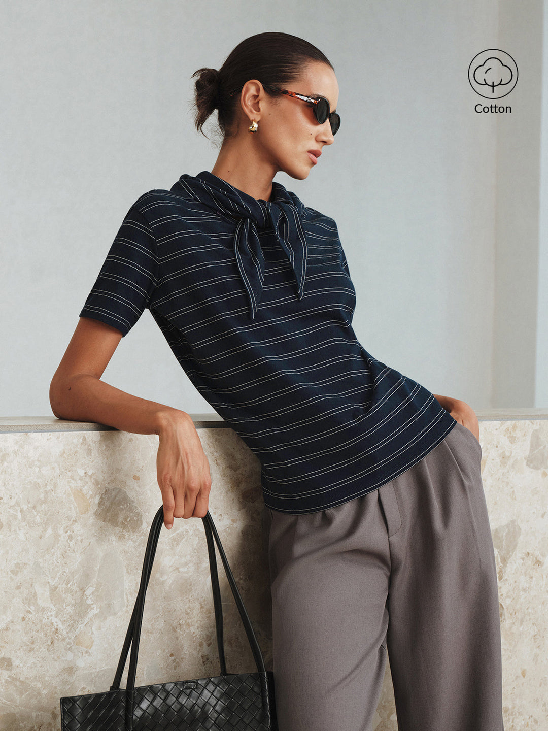 Striped Detachable Scarf Collar T-Shirt  Liora Lane Boutique T-Shirts Navy / XL 35.00