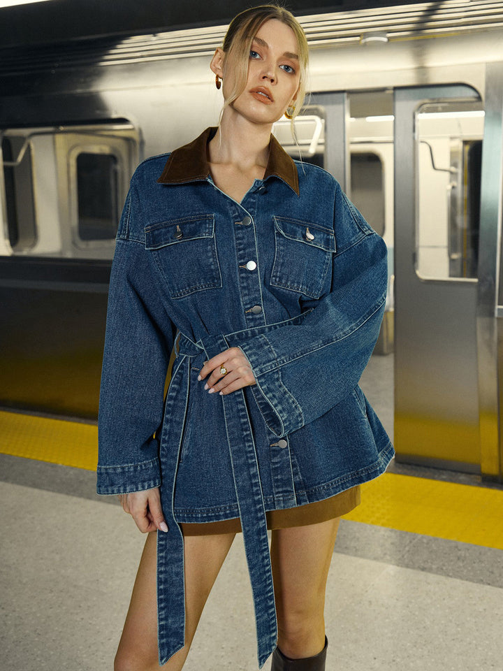 Denim Belted Lapel Jacket  Liora Lane Boutique Denim Jackets & Coats