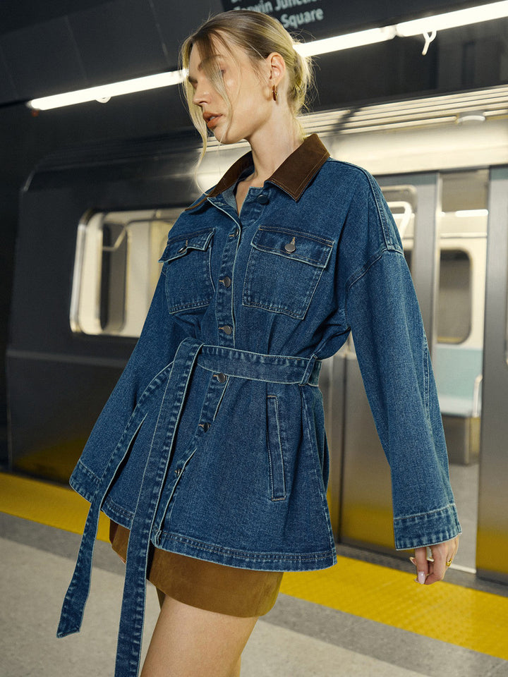 Denim Belted Lapel Jacket  Liora Lane Boutique Denim Jackets & Coats