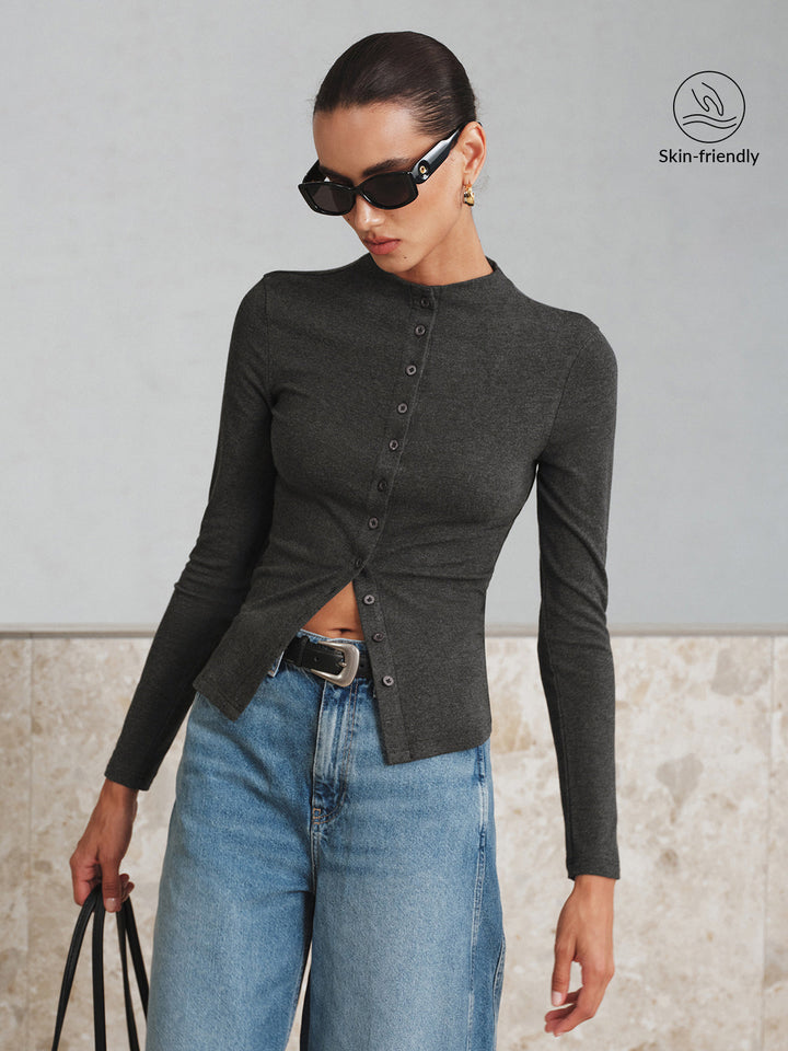 Mock Neck Button Long Sleeve T-Shirt  Liora Lane Boutique T-Shirts Grey / XL 26.00
