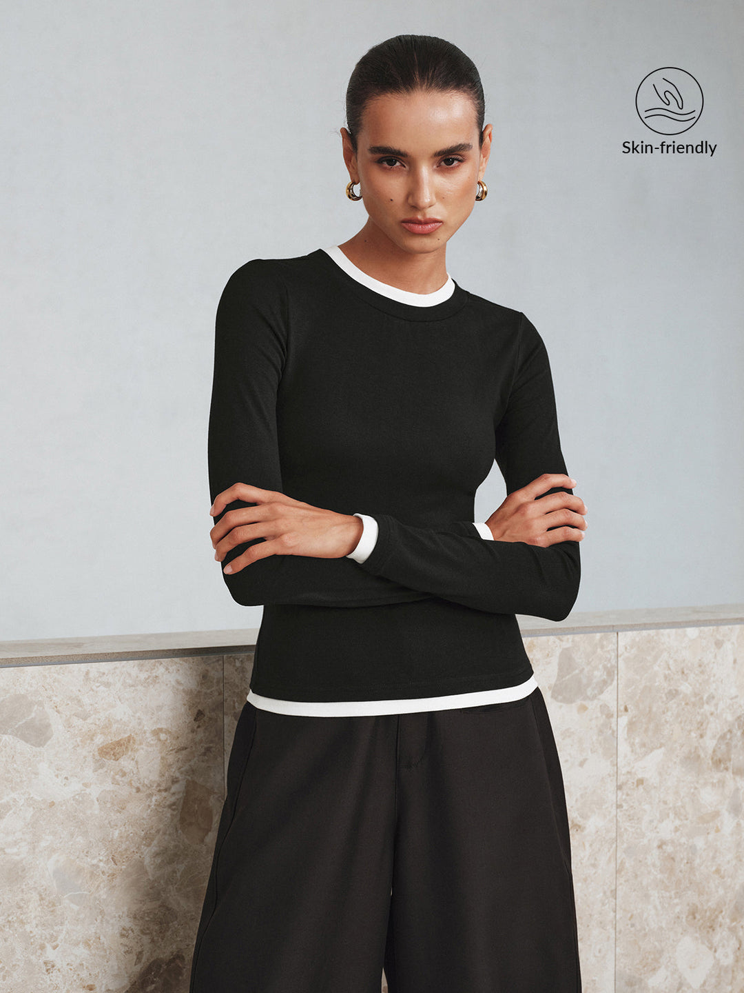 Contrast Trim Long Sleeve T-Shirt  Liora Lane Boutique T-Shirts Black / XL 29.00