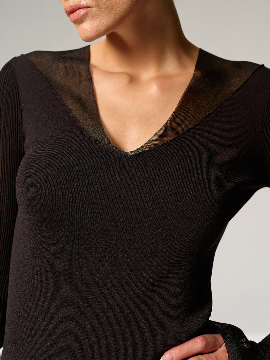 Sheer Paneled Bell Sleeve Knit Top  Liora Lane Boutique Knit Tops