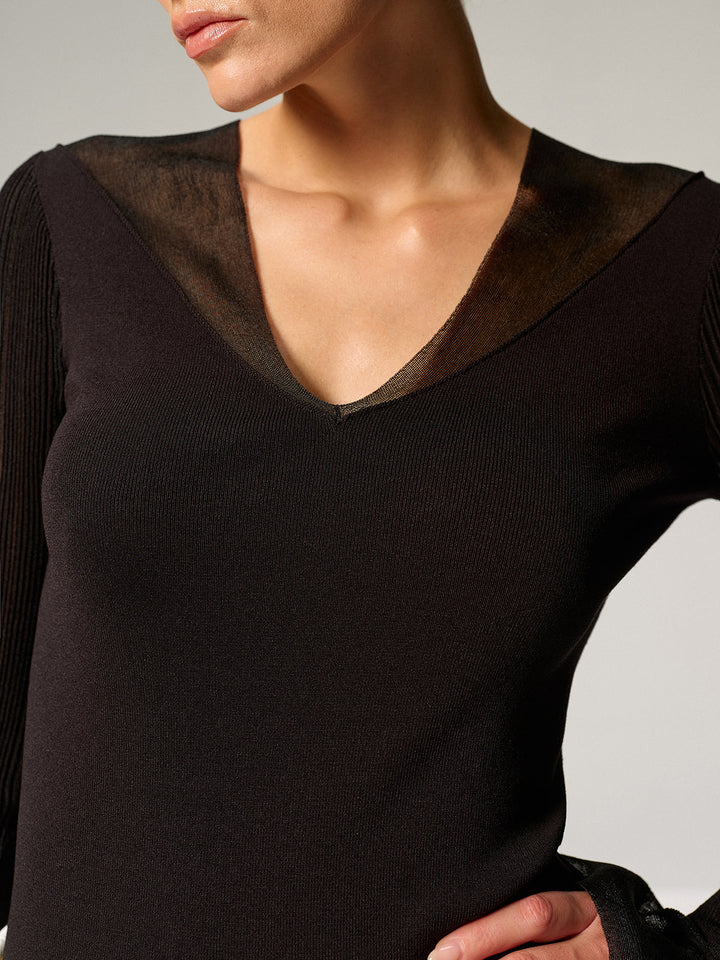 Sheer Paneled Bell Sleeve Knit Top  Liora Lane Boutique Knit Tops