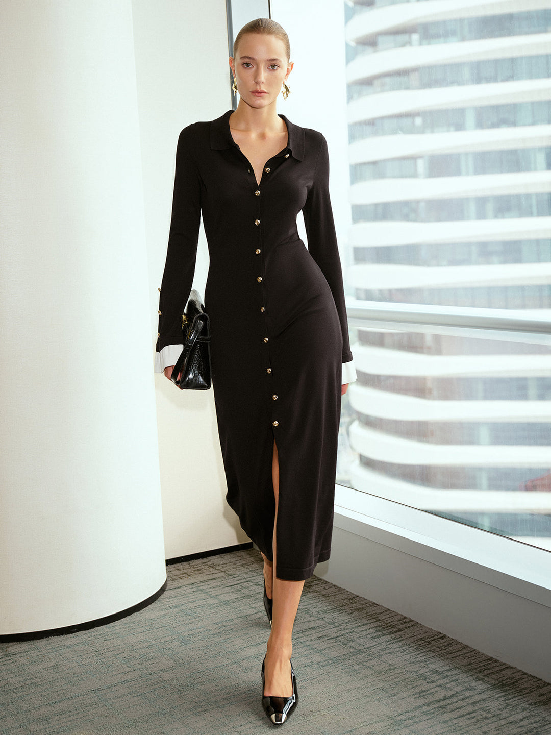 Contrast Flared Cuff Metal Button Shirt Dress  Liora Lane Boutique Sweater Dresses