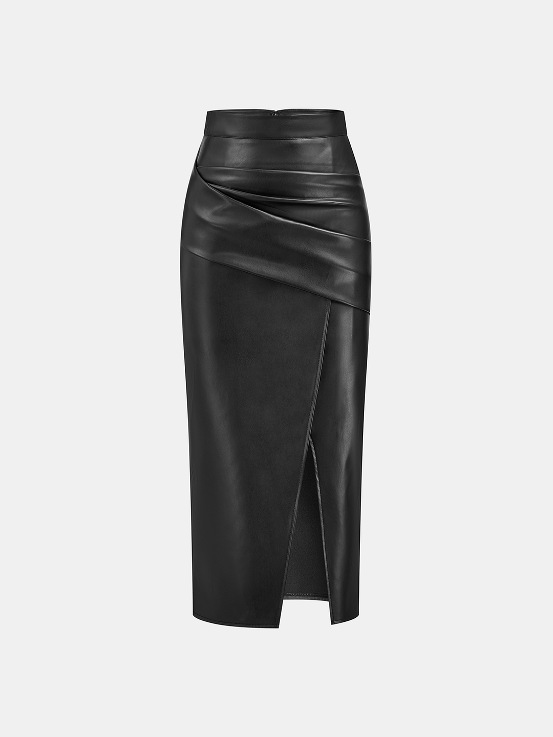 Ruched Slit PU Leather Midi Skirt  Liora Lane Boutique Skirts Black / XL 39.00
