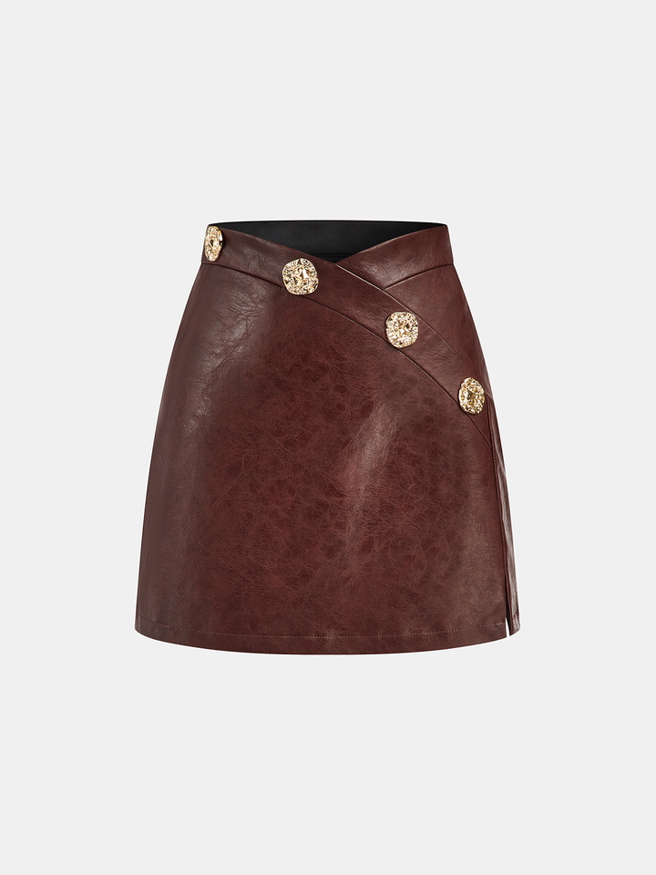 Asymmetric Metal Detail PU Leather Mini Skirt  Liora Lane Boutique Skirts Brown / XL 39.00