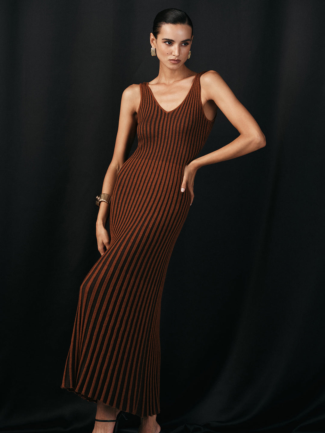 Wool Blend Striped Knit V-Neck Midi Dress  Liora Lane Boutique Sweater Dresses Brown / XL 55.00