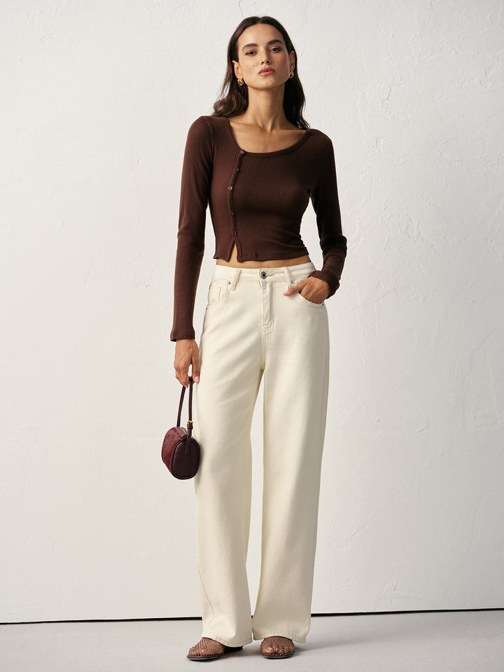 Asymmetric Button Detail Ribbed T-Shirt  Liora Lane Boutique T-Shirts