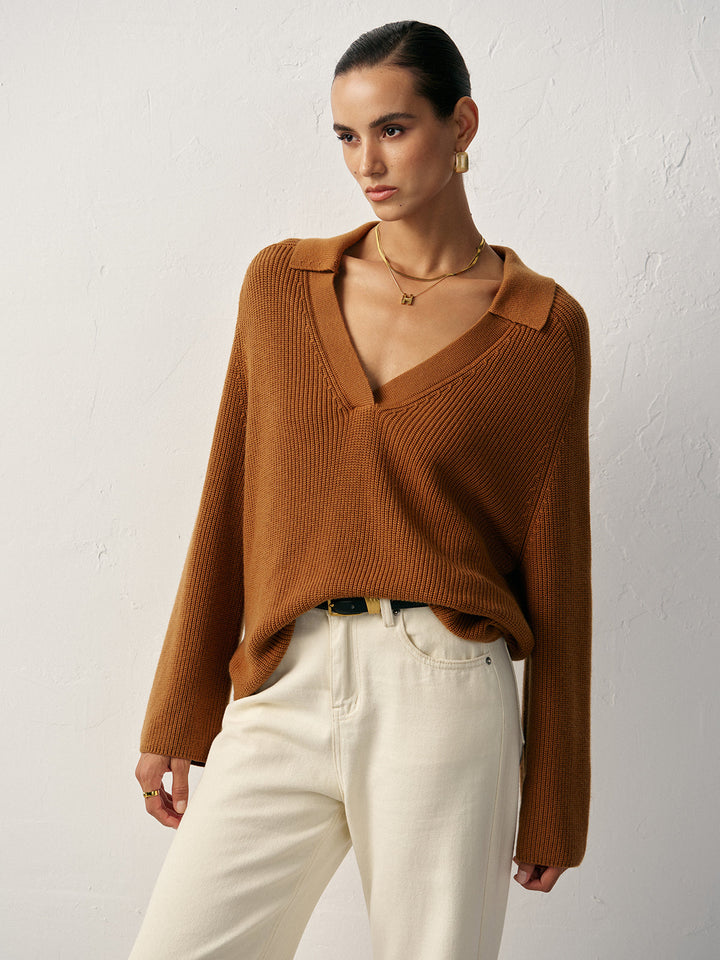 Wool Blend Polo Collar V-Neck Sweater  Liora Lane Boutique Sweaters