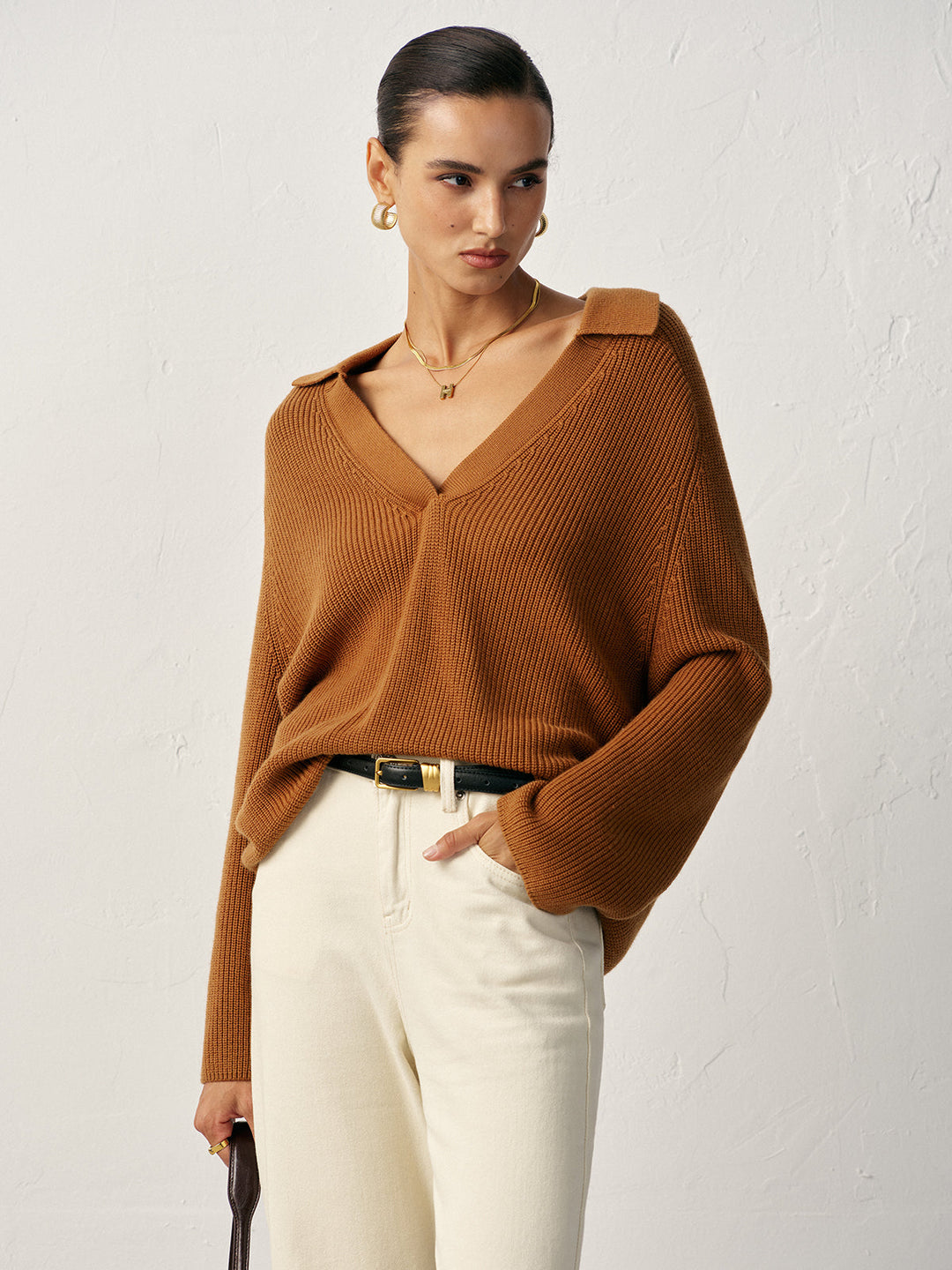 Wool Blend Polo Collar V-Neck Sweater  Liora Lane Boutique Sweaters Camel / XL 52.00