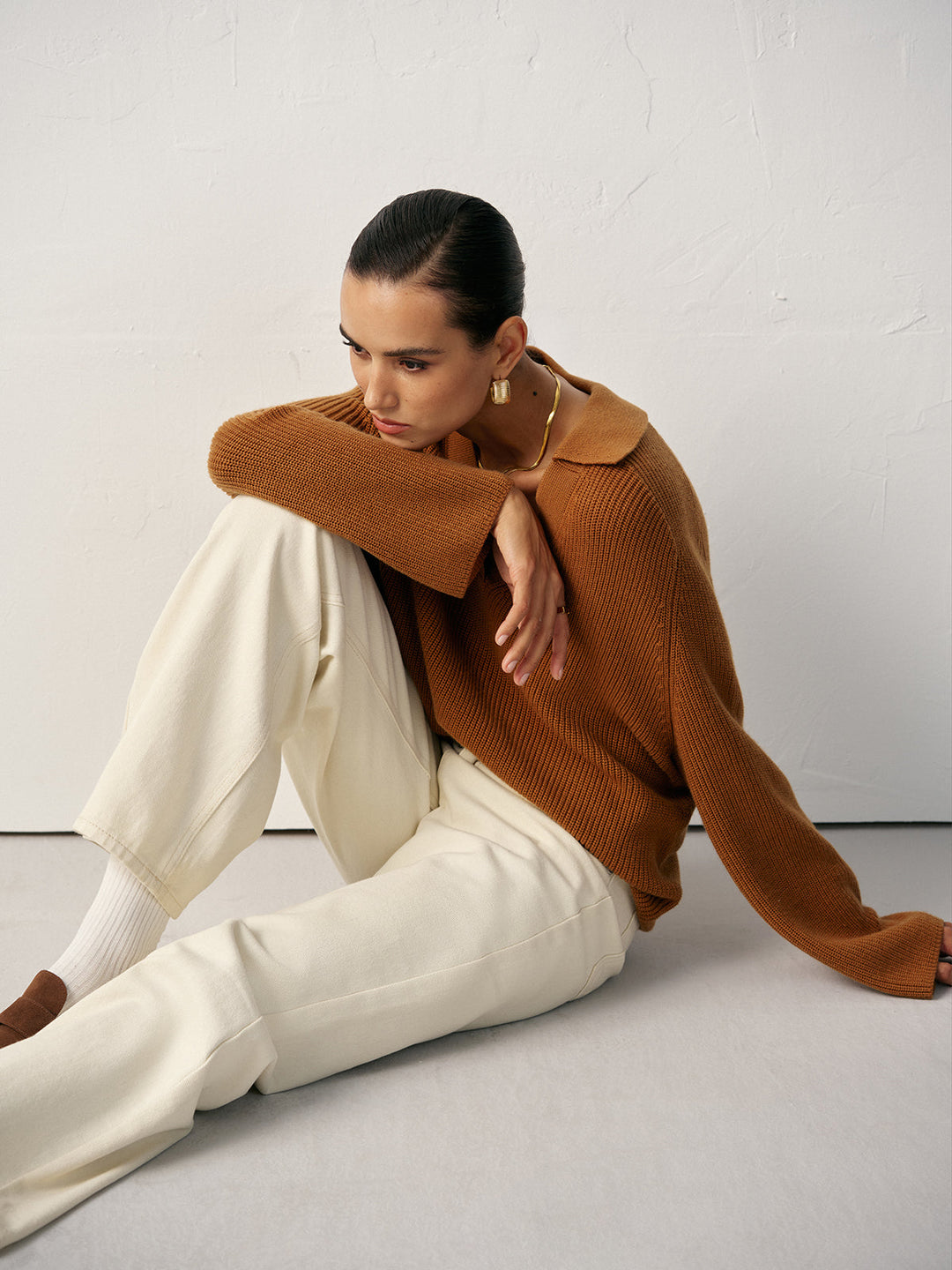 Wool Blend Polo Collar V-Neck Sweater  Liora Lane Boutique Sweaters