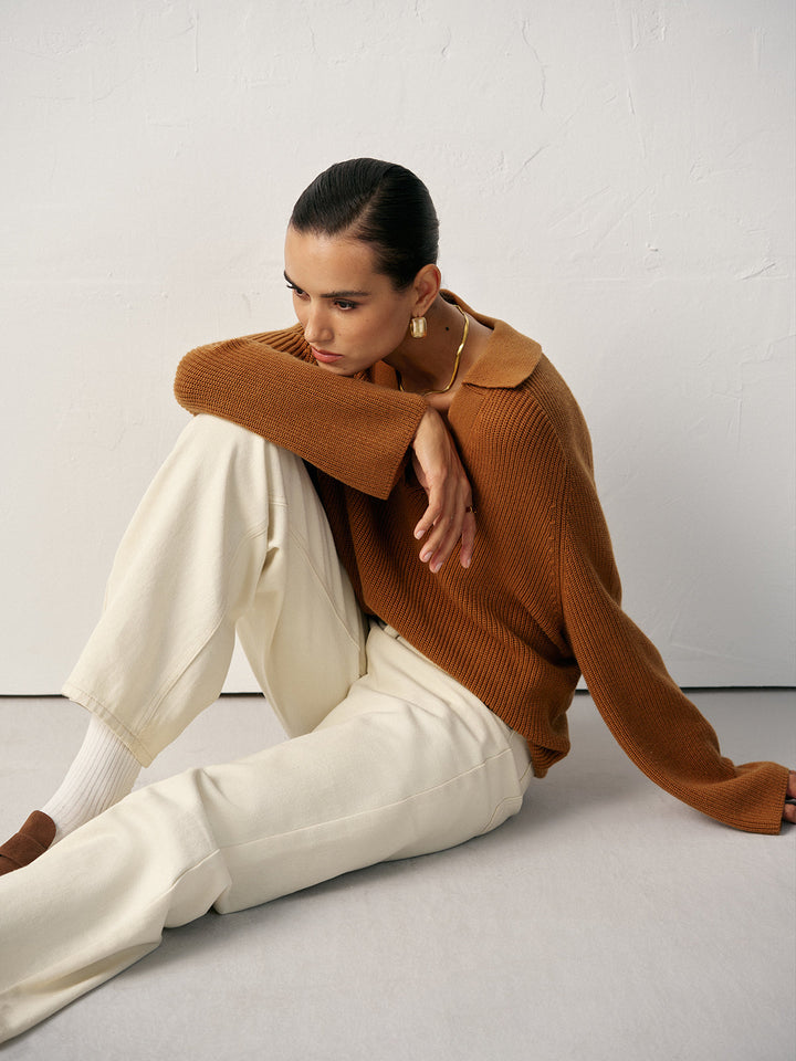 Wool Blend Polo Collar V-Neck Sweater  Liora Lane Boutique Sweaters