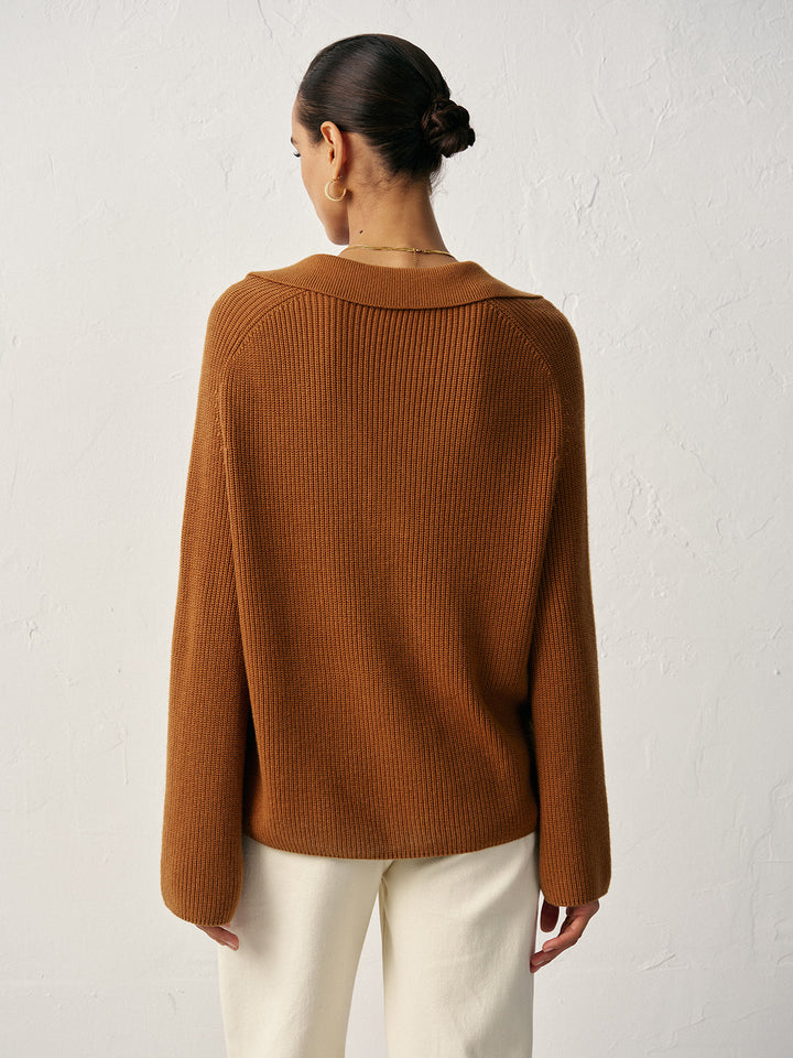 Wool Blend Polo Collar V-Neck Sweater  Liora Lane Boutique Sweaters