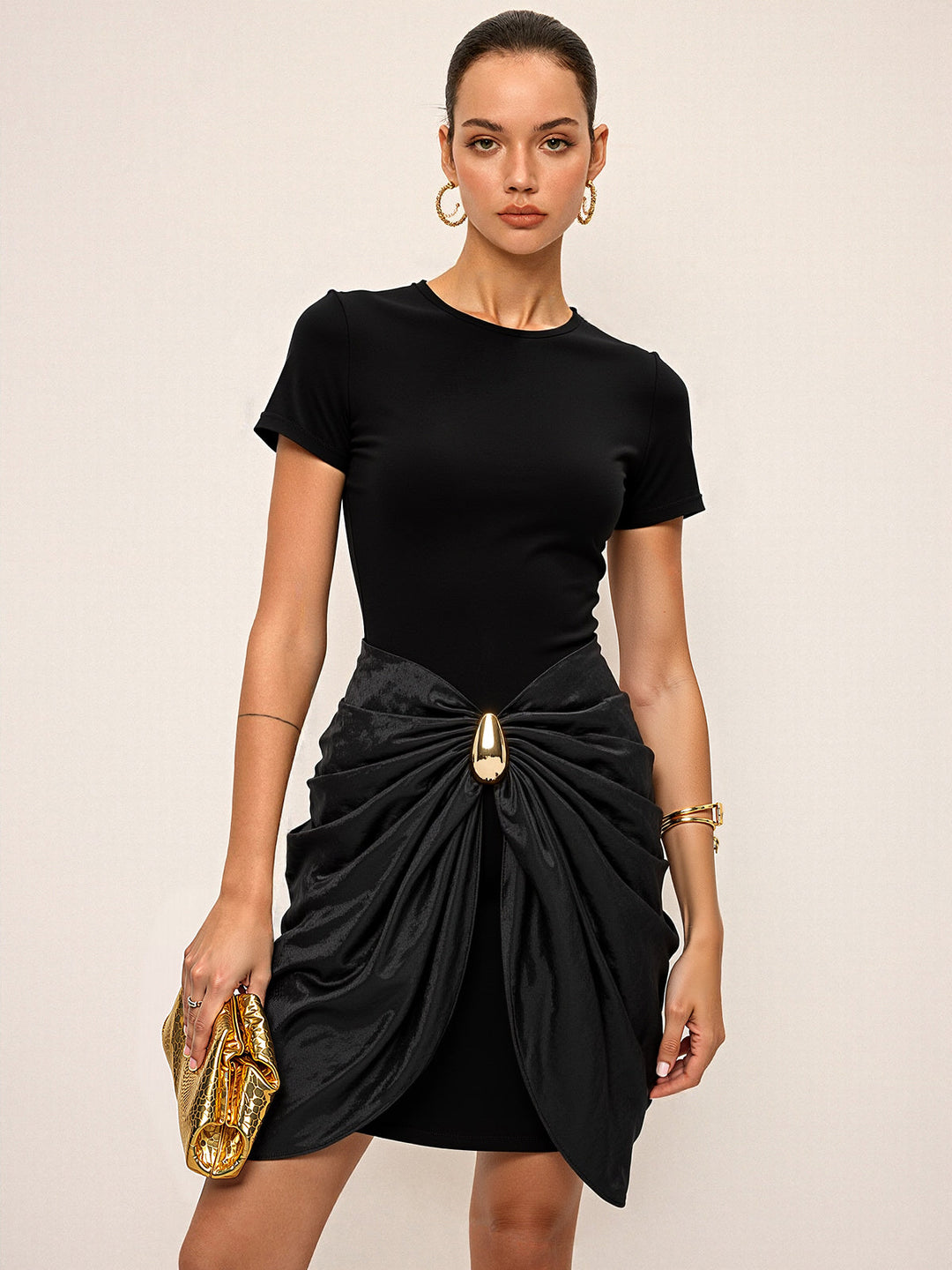Short Sleeve Ruched Metal Buckle Dress  Liora Lane Boutique Dresses Black / XL 49.00