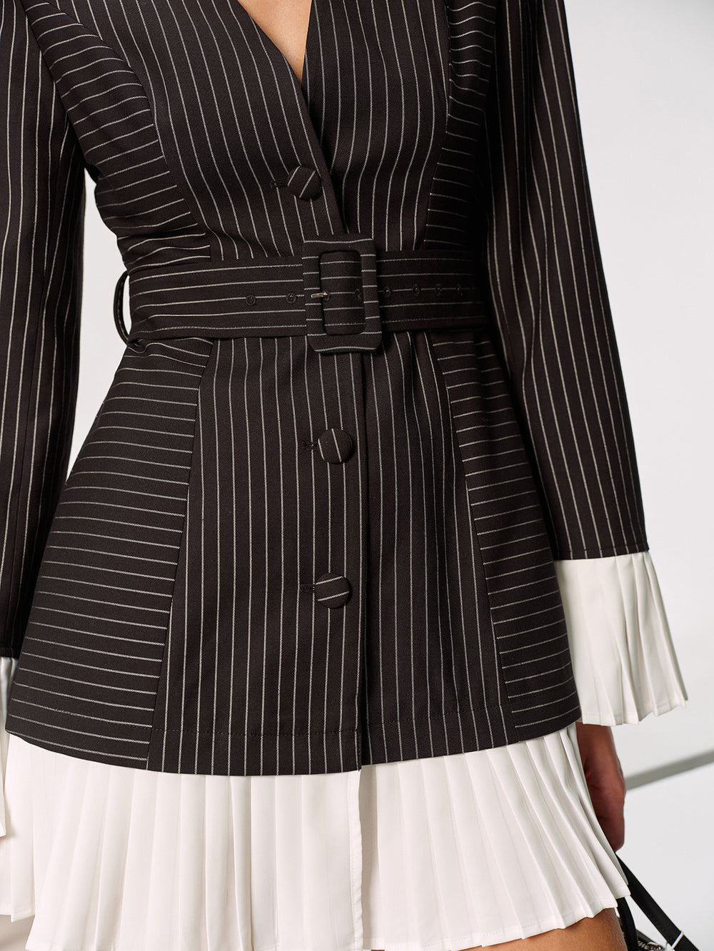 Contrast Pleated Panel Pinstriped Belted Blazer Dress  Liora Lane Boutique Dresses