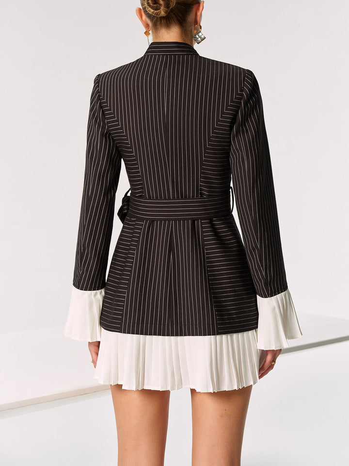 Contrast Pleated Panel Pinstriped Belted Blazer Dress  Liora Lane Boutique Dresses