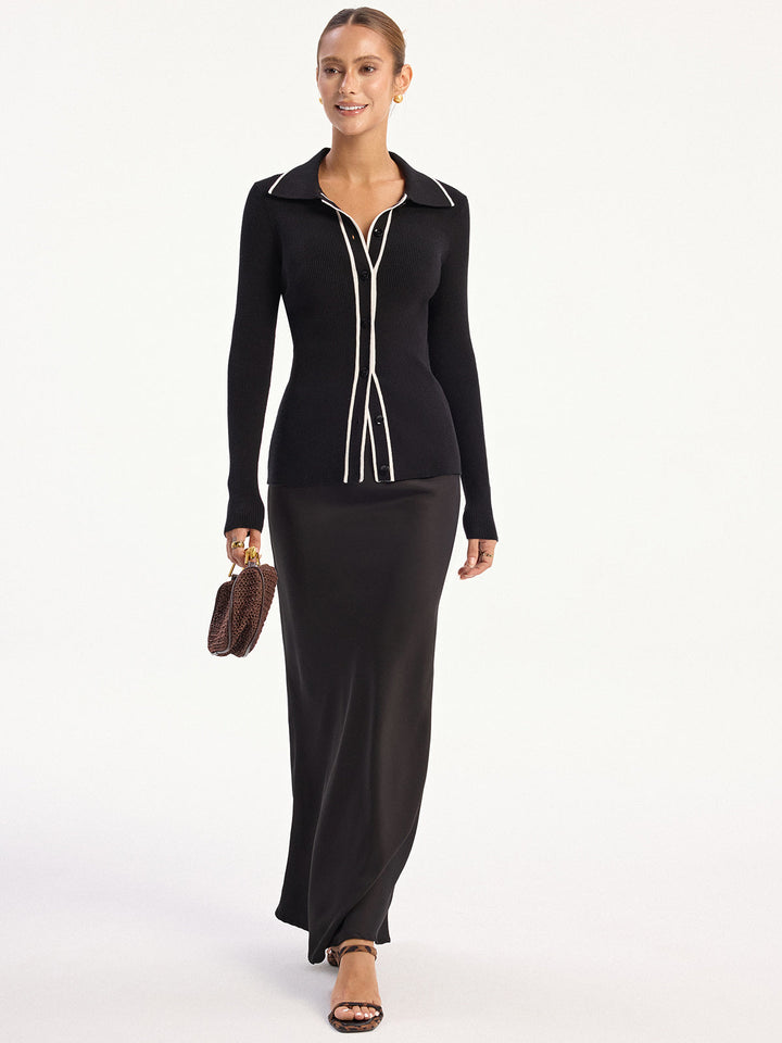 Contrast-Trim Polo Collar Knit Cardigan  Liora Lane Boutique Cardigans