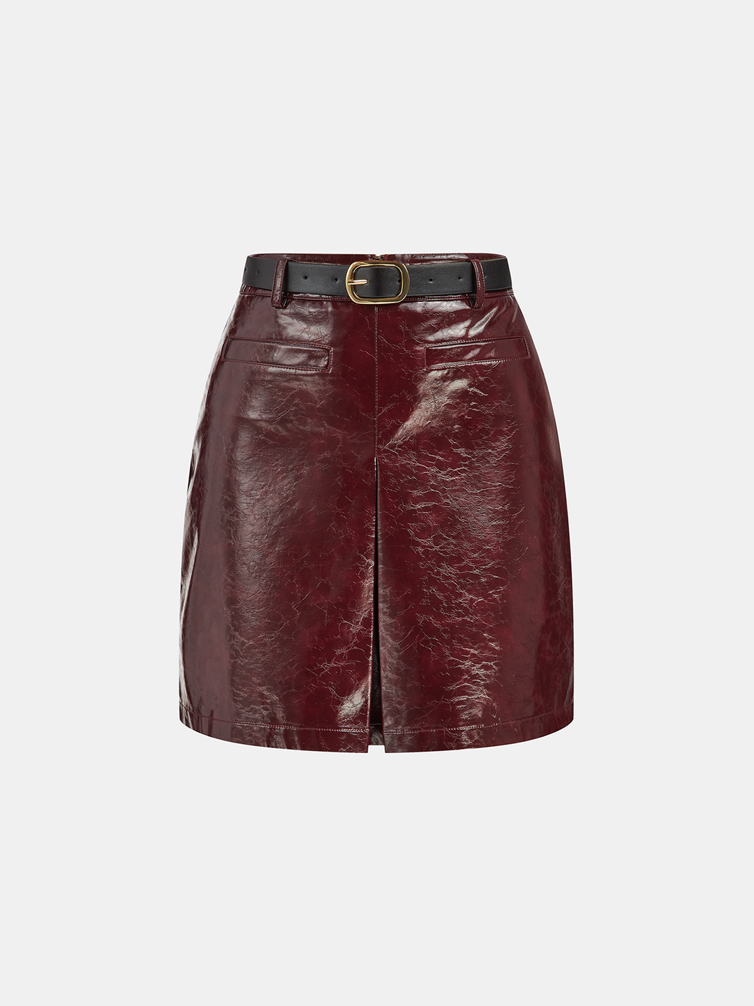PU Leather Belted Mini Skirt  Liora Lane Boutique Skirts Burgundy / XL 74.99