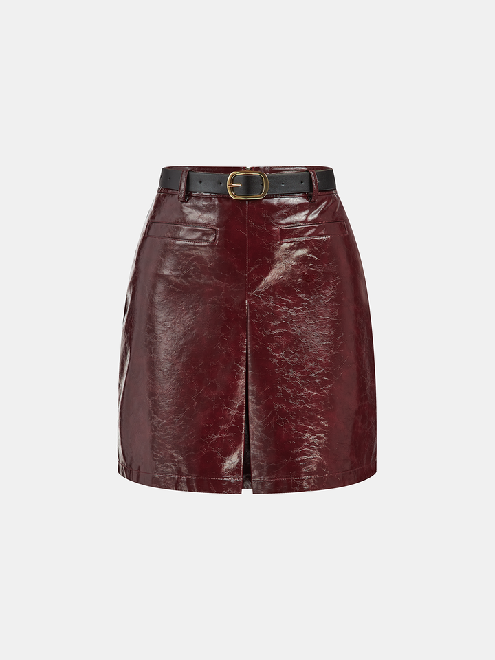 PU Leather Belted Mini Skirt  Liora Lane Boutique Skirts Burgundy / XL 74.99
