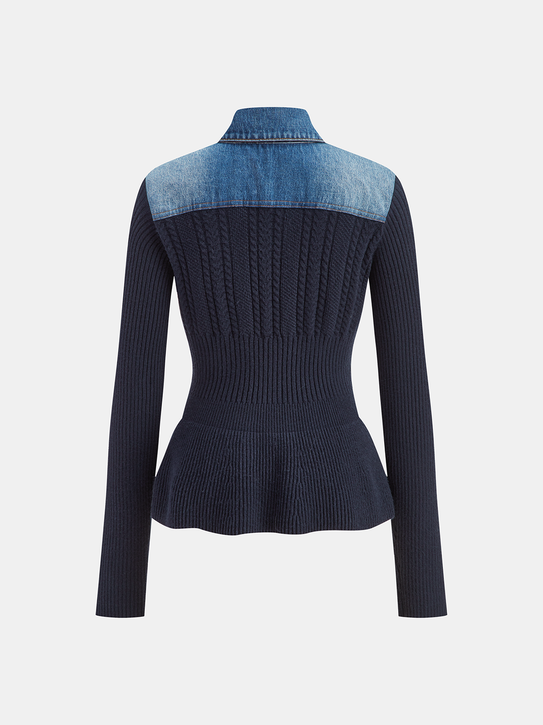 Denim Collar Cable Knit Button-Front Peplum Cardigan  Liora Lane Boutique Cardigans