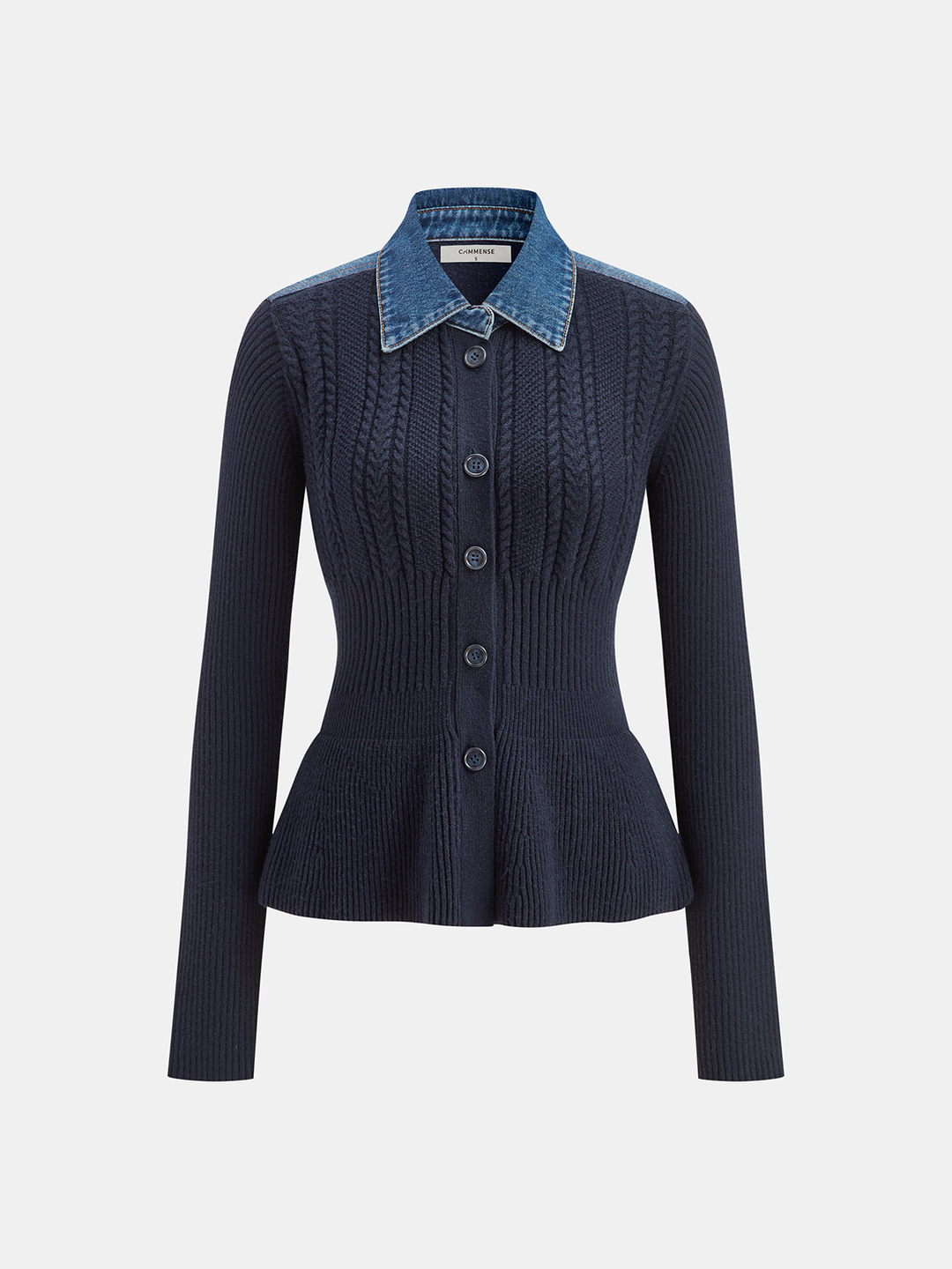 Denim Collar Cable Knit Button-Front Peplum Cardigan  Liora Lane Boutique Cardigans Navy / XL 84.99