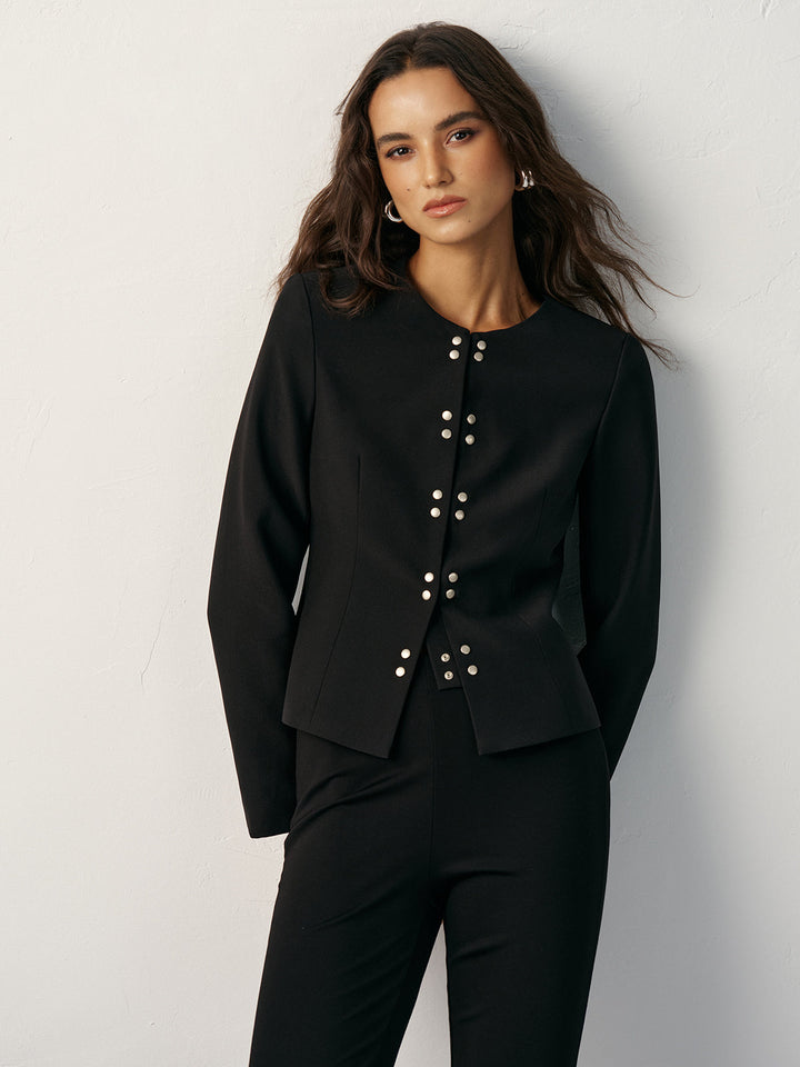Round Neck Double-Breasted Blazer  Liora Lane Boutique Blazers