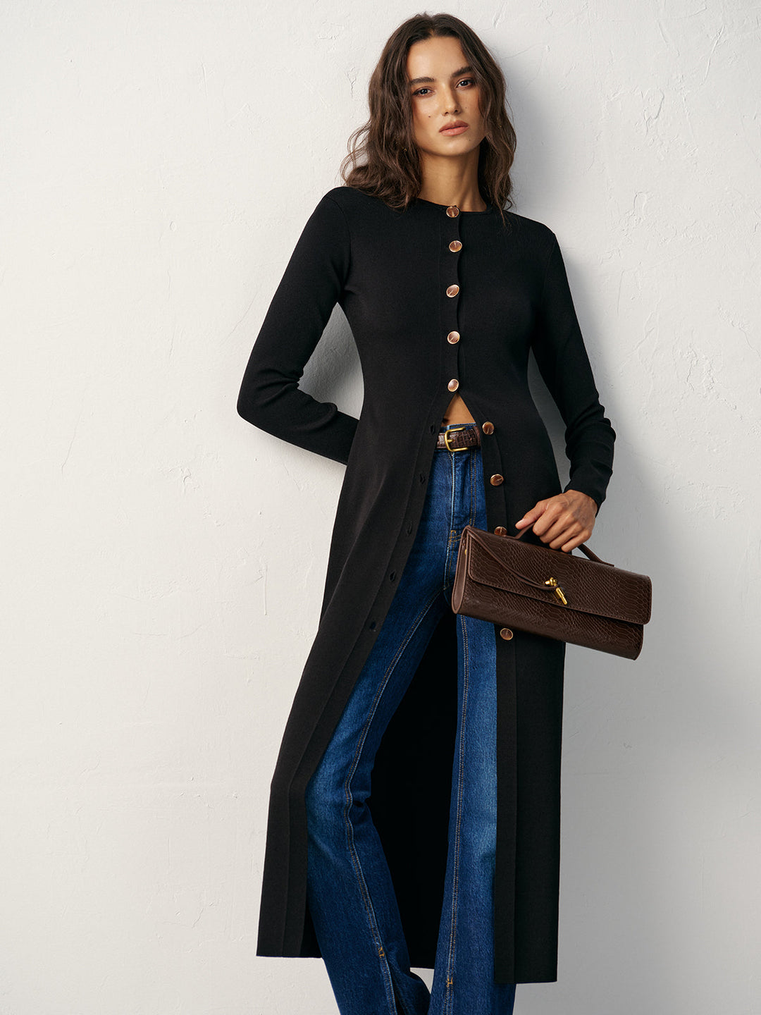 Button-Front Maxi Knit Cardigan Dress  Liora Lane Boutique Sweater Dresses Black / XL 66.00
