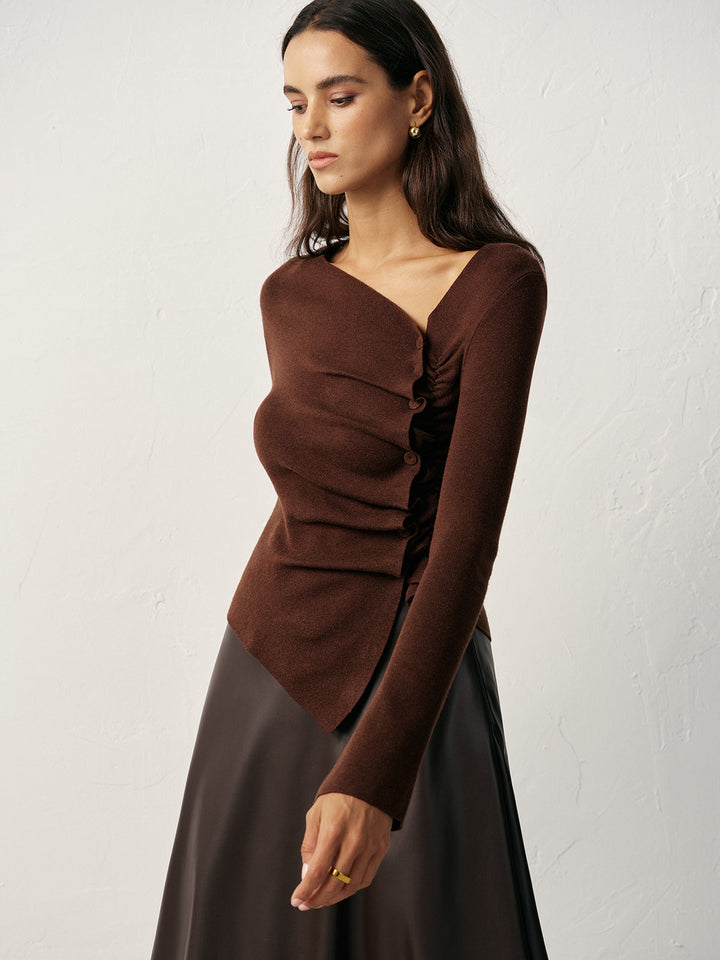 Wool Blend Asymmetric Ruched Side-Button Cardigan  Liora Lane Boutique Cardigans
