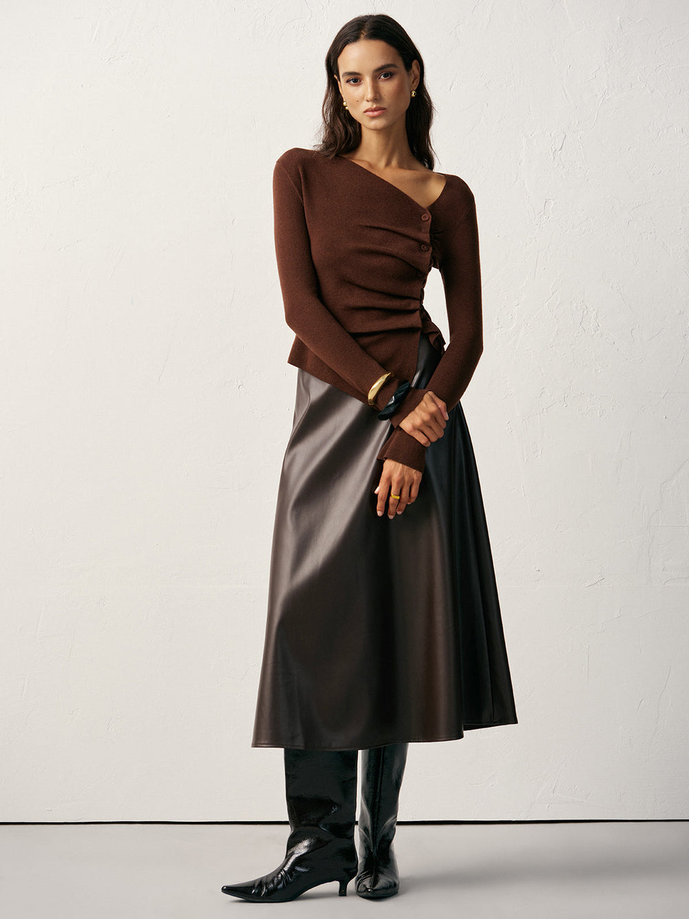 Wool Blend Asymmetric Ruched Side-Button Cardigan  Liora Lane Boutique Cardigans